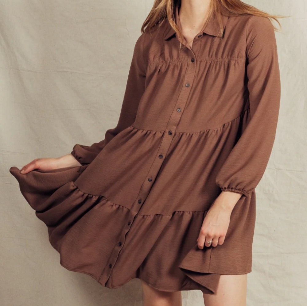 Chocolate Brown Tiered Midi Dress Button Up Front Quiet Luxury Street Fashion